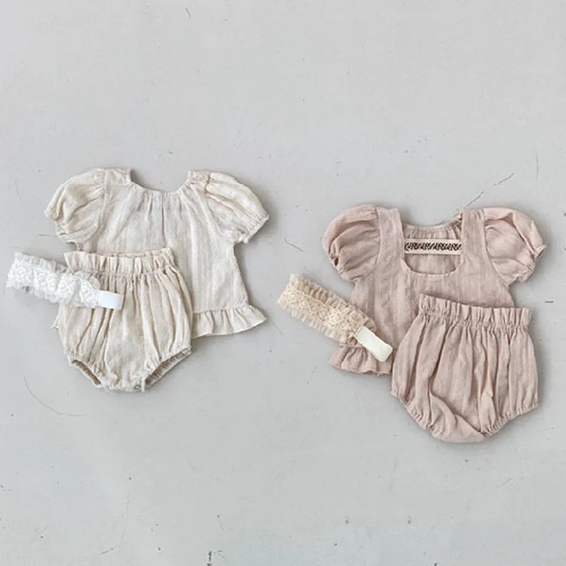 

Baby Girl Clothes Sets Korean Fashion Solid Color Ruffle Top And Shorts 2pcs Outfits Infant Baby Girl Short Sleeve Cotton Suits