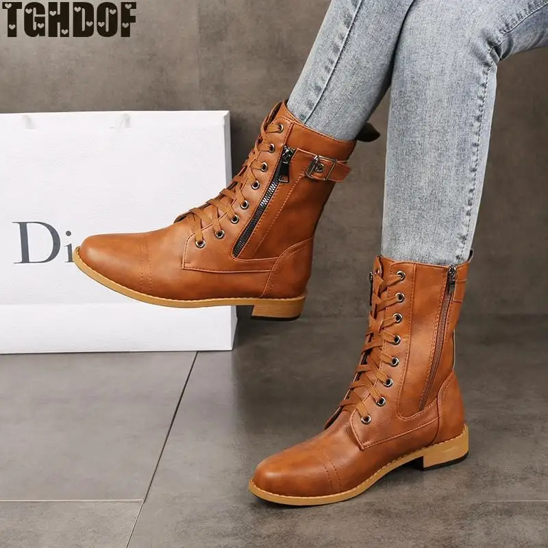 TGHDOF 2021 New Side Zipper Fall/winter Non-slip Flat Heel Rubber Sole Sexy Steampunk Leather Retro Buckle Ladies Boots