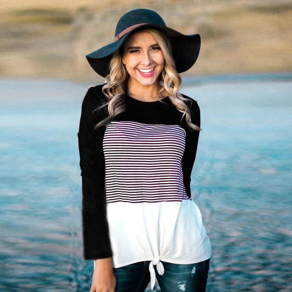 В полоску Женская блузка пэчворк платье с длинным рукавом рубашка Повседневная