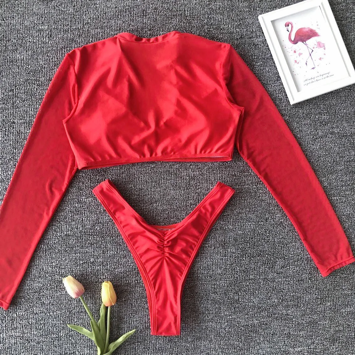 

Ladies Fashion Long Sleeve U-neck Mesh Sexy Solid Color Swimsuit Bikini Running Sports Push-up Swimming Wading Swimsuit Set