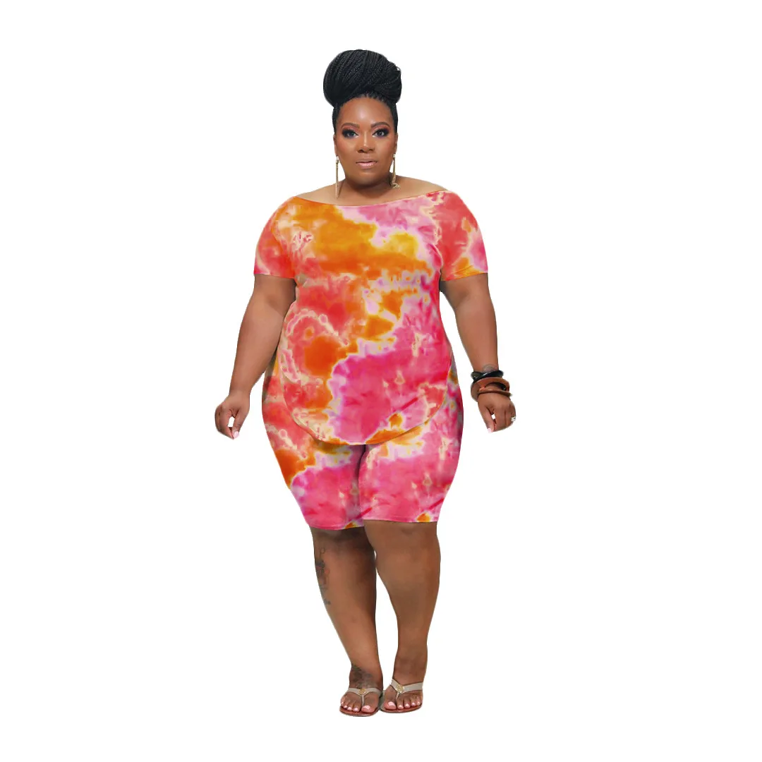 

Plus Size Women Clothing Two Piece Set Xl-4Xl Summer 2021 Fashion Casual Tie Dye Printing Short Sleeve Loose Short Outfit