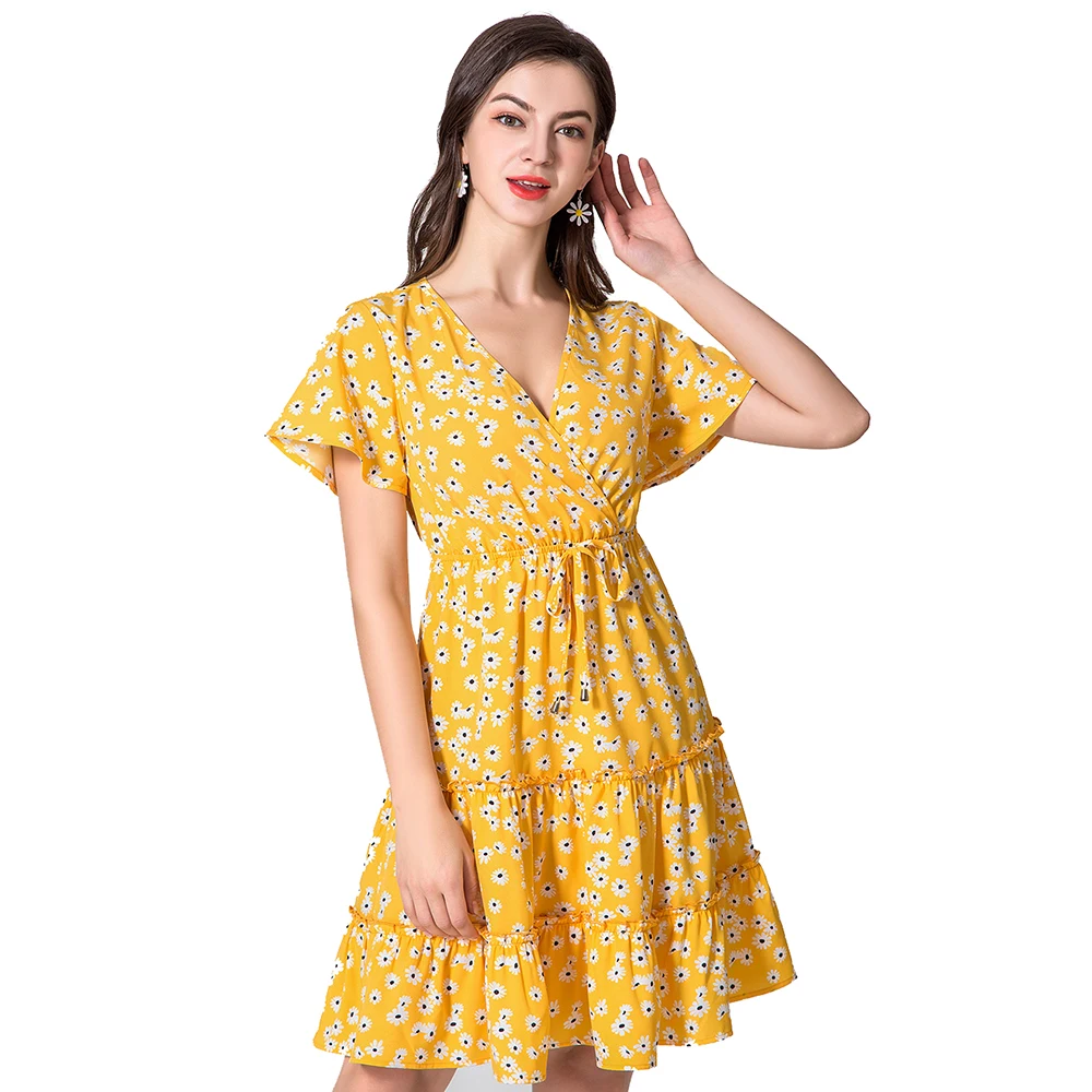 Женское платье с запахом и цветочным принтом ZOGAA Летнее мини V образным вырезом