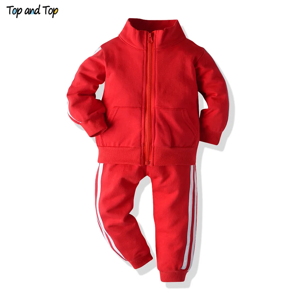 Красный Top and Top Spring Autumn Boys Girls Clothing Set Long Sleeve Zipper Sweatshirt Coat+Trousers Striped Sport Suit 2Pcs Tracksuit - Цвет: Красный