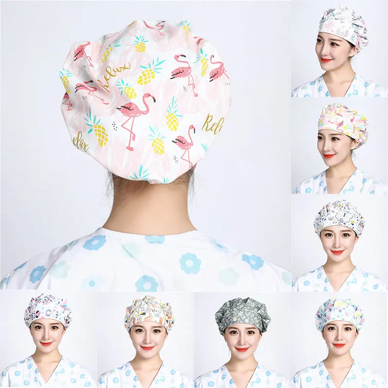 

Round Cap Nurse Cap Work Anti-hair loss Cotton Doctor Hats Cartoon Animal Flamingo Floral Printing Unisex Surgical Cap Headscarf