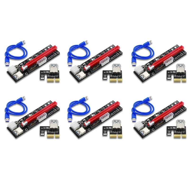 

6PCS VER103C 3In1 Power PCI-E Riser Card LED 4Pin 6Pin Sata 15Pin Express 1X to 16X 60CM Extension Cable for Bitcoin