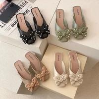 2021 women baotou slippers korean bowknot square toe muller sandals outdoor beach casual half bag slippers comfortable slippers