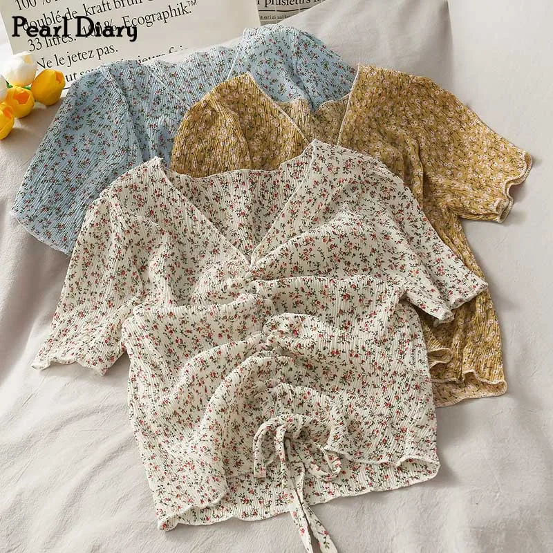 Женский Топик с цветочным принтом Pearl Diary летний топ рюшами спереди и галстуком v