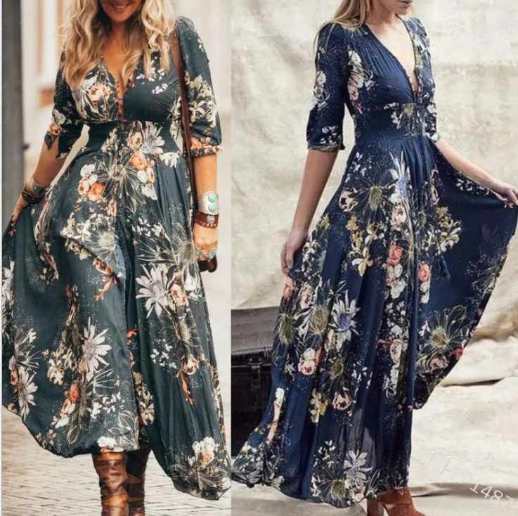 

Low-key luxury simple girls in summer plus size women's personalized print design V-neck sexy dress