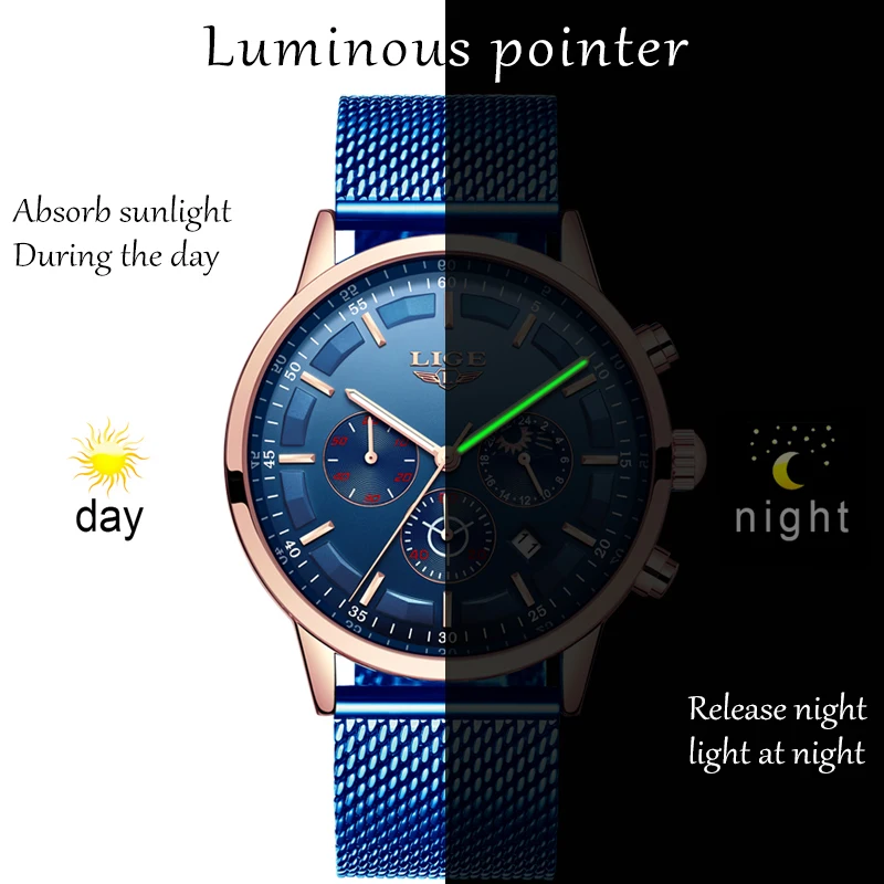 LIGE новые мужские s часы модные топ брендовые Роскошные из нержавеющей стали Синие