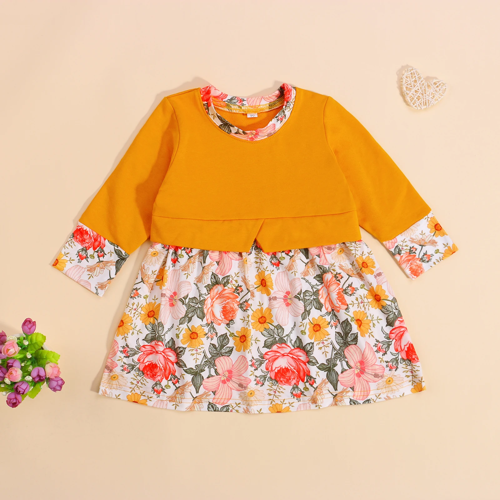 

Autumn Lovely Baby Girls Dress Outfits 0-4Y Flowers Printed Patchwork Long Sleeve A-Line Knee Length Dress
