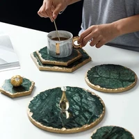 luxury non slip emerald real marble coaster mug place mat green stone with gold inlay heat resistant trivet table decoration
