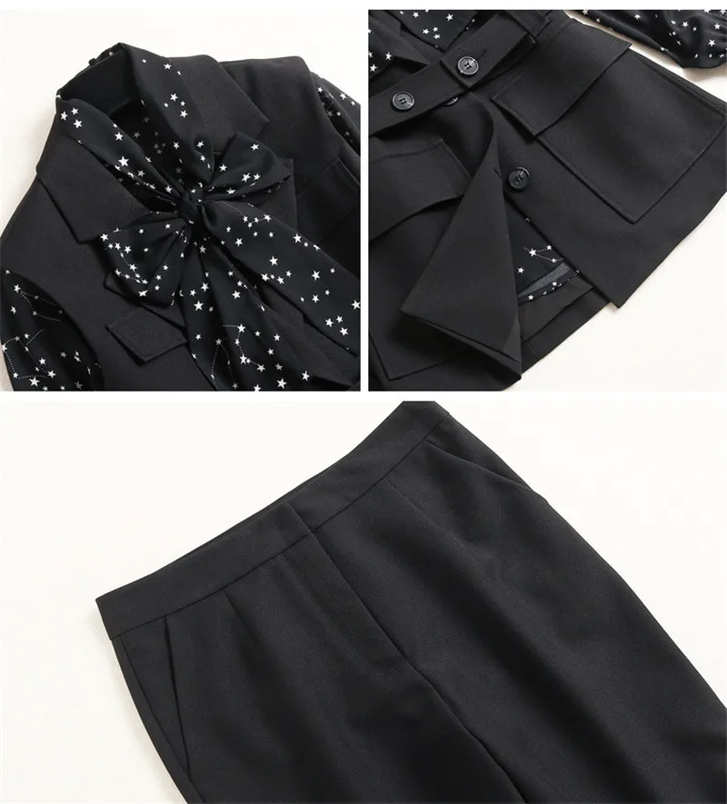 

High Quality Fashion Autumn Outfits Women Elegant Bow Collar Print Blouse+Vest+Pants Suit 3 Piece Clothing Sets