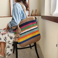2020 bohemia colorful hand weave straw rattan handbags women spring summer new fashion big capacity beach tassel tote bags bolsa