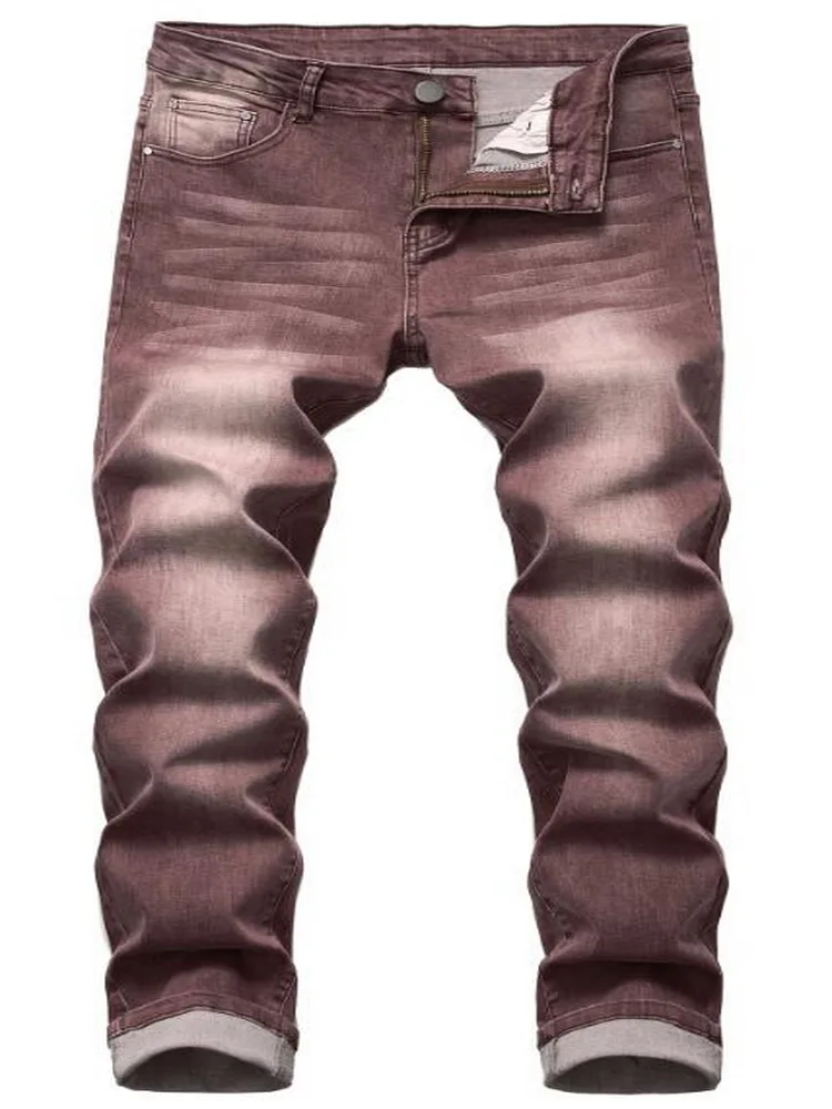 Мужские джинсы со складками коричневые облегающие эластичные брюки из денима