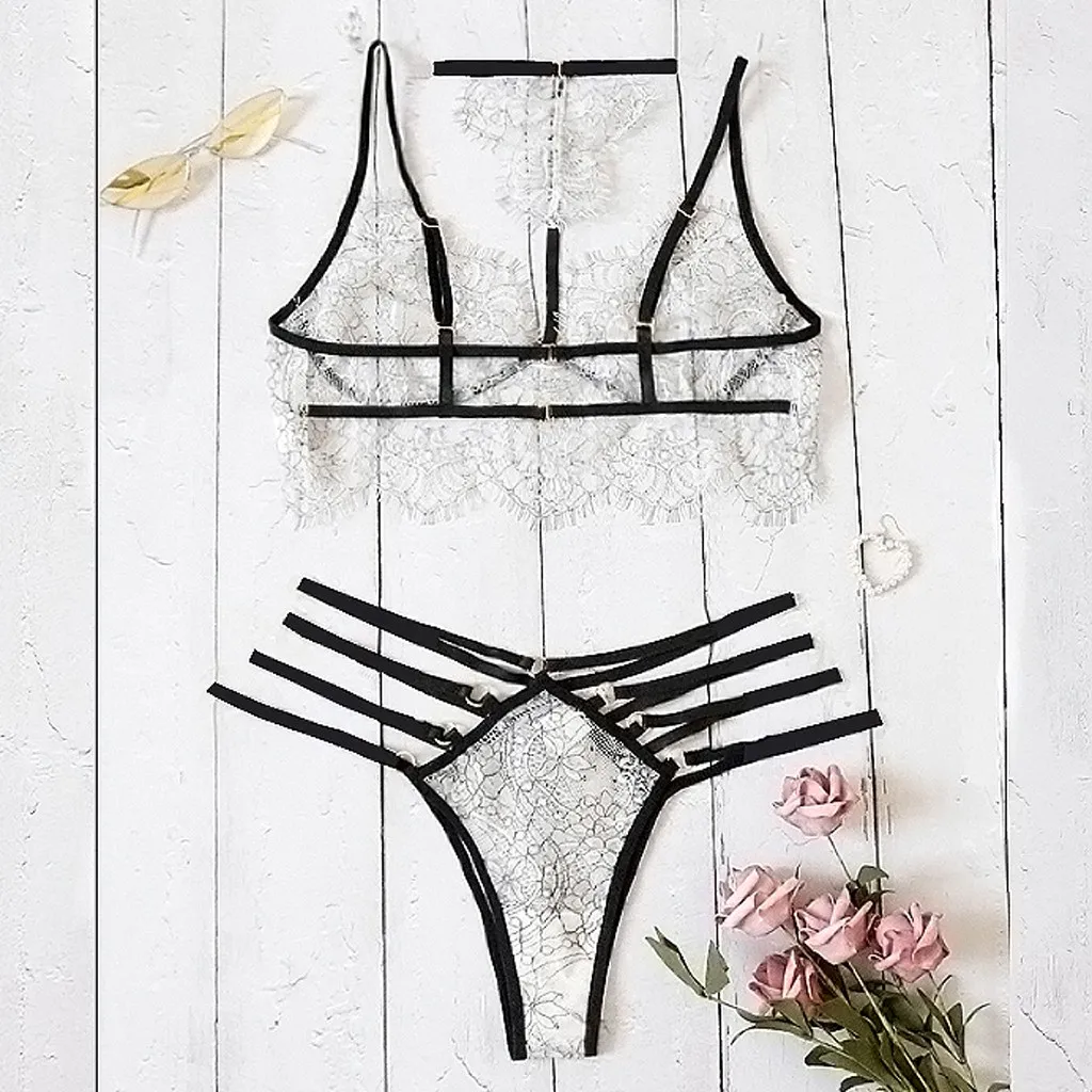 

Sexy Lingerie Women Bandage Bra Set Transparent Intimates Wire Free Lingerie Set Floral Embroidery Bra Set Sleepwear Babydoll 50