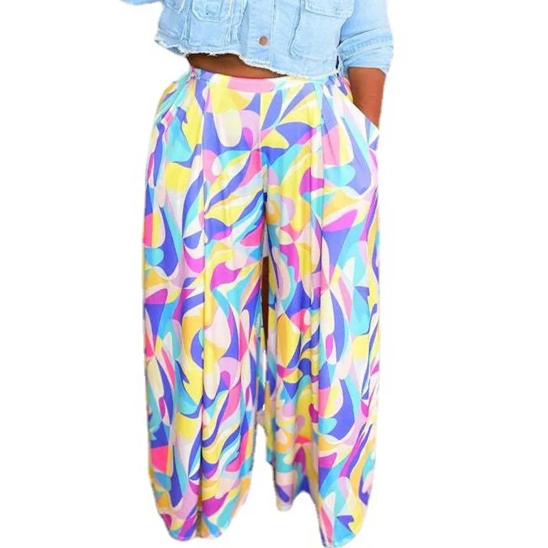 

Plus Size Pants For Women 4XL 5XL High Waist Pleated Wide Leg Pants Fashion New Color Print Large Size Streetwear Loose Trousers