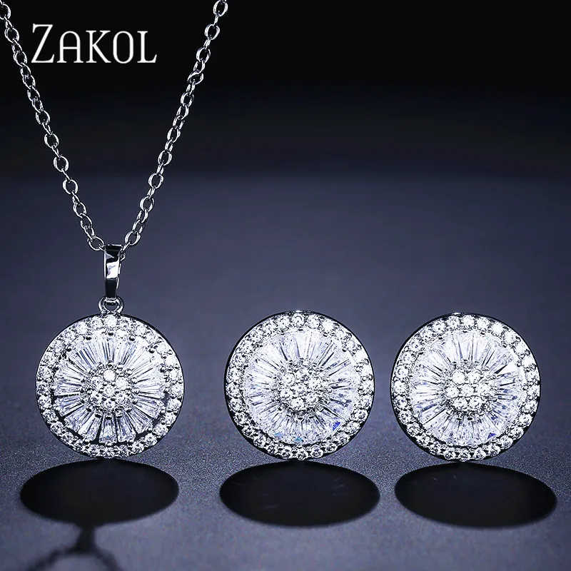 White 2 Pcs Set ZAKOL высокое качество CZ Кристалл Женская мода ювелирные изделия блестящий круглый кубический циркон ожерелье серьги кольцо ювелирные изделия для невесты набор FSSP2013 - Окраска металла: White 2 Pcs Set