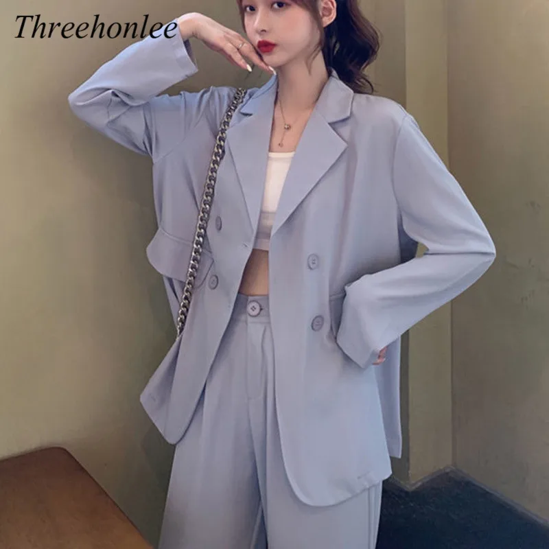 

Loose Casual Women Blazers Suits Autumn Fashion Solid Outwear Double Breasted Female Korean Ulzzang Female Two Piece Pants Sets