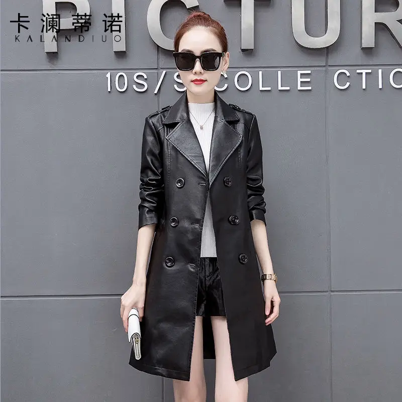 

Тренчкот женский из искусственной кожи, элегантный длинный черный кожаный модный тренчкот оверсайз с длинным рукавом, 5XL, Q19, весна-осень 2021