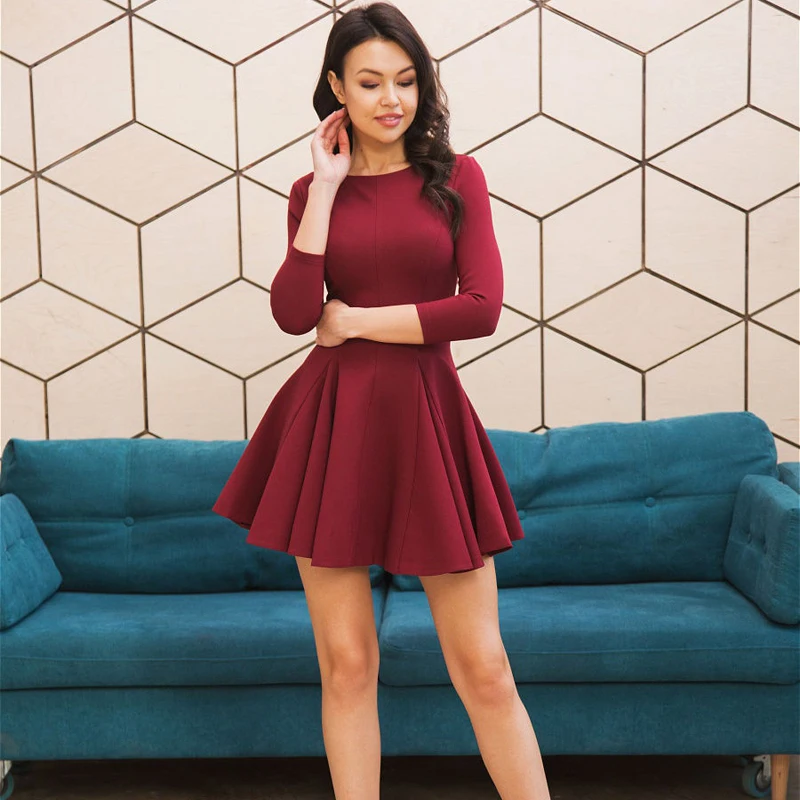 

Woman Sexy O-Neck Fit A-Line Dresses Lady Paty Club Three Quarter Sleevess Basic Mini Dresses 2020 New Fashion