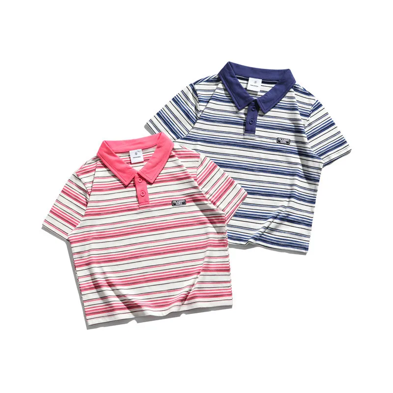 

Summer Short-sleeved Striped Polo Shirt Male Japanese Fresh College Style Short Navel Short T-shirt Female
