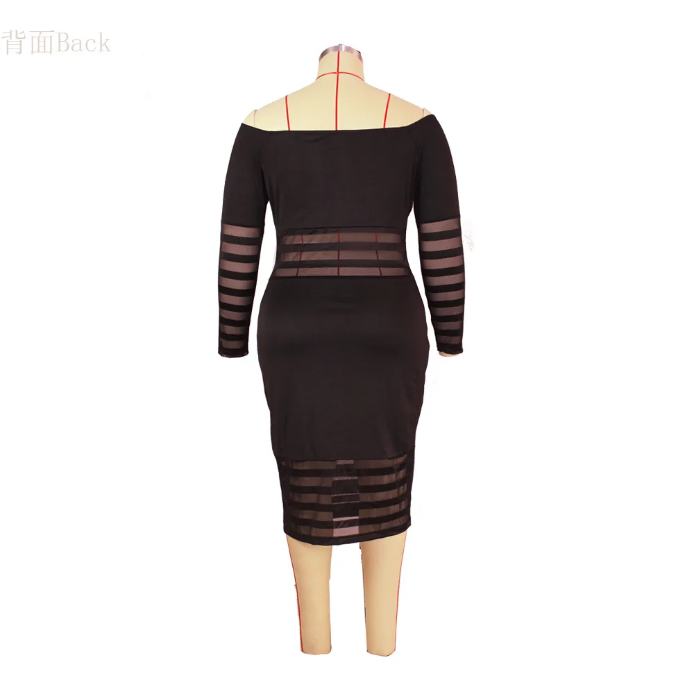 

Patchwork Dresses for Women Slash Neck Long Sleeve High Waist Transparent Knee Bodycon Length Plus Size 4XL Curve Dresses Party