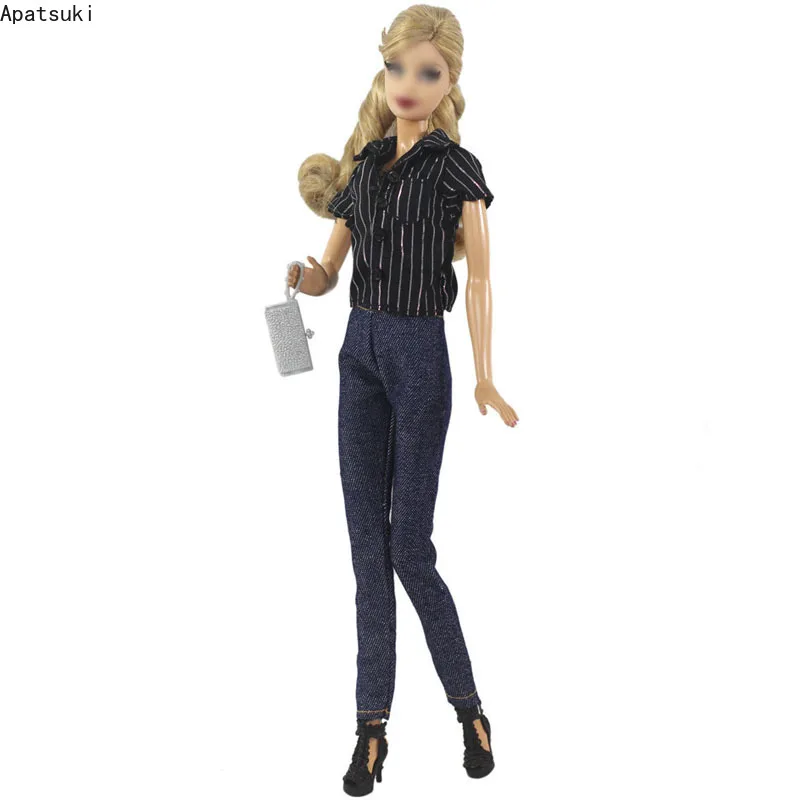 1set Fashion Outfits For Barbie Doll Clothes Striped Blouse Top & Denim Jeans Trousers Pants Purse 1/6 Dolls Accessories Toys