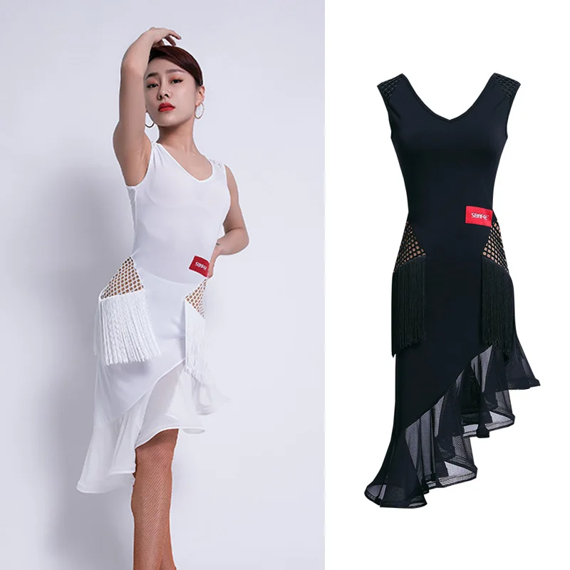 Платье для латиноамериканских танцев сетчатая юбка с бахромой без рукавов