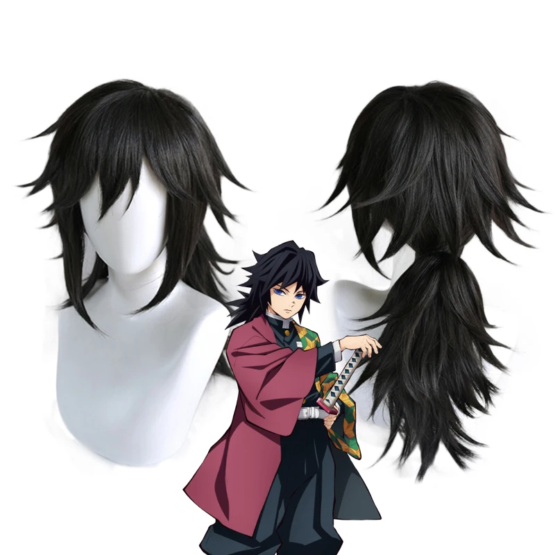 

Demon Slayer Kimetsu no Yaiba Tomioka Giyuu Cosplay Wig Black Long Ponytail Heat Resistant Synthetic Hair Wigs + Wig Cap