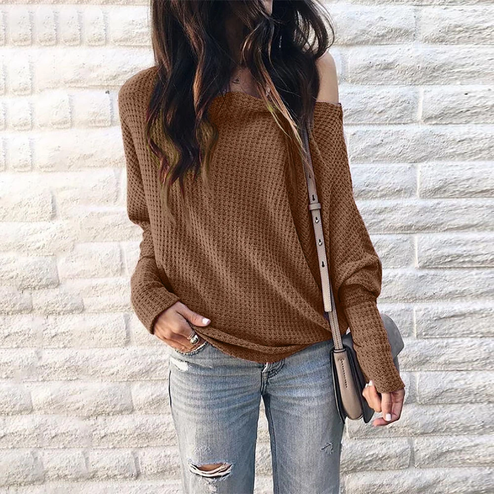 Pullover Sweater Women Loose Off Shoulder Sexy Ladies Slash Neck Knit Casual Tops Women's Solid Color Autumn Clothing | Женская