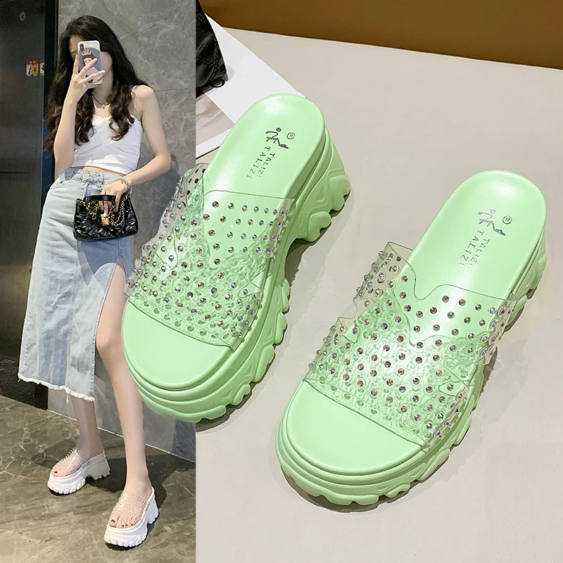 

Women Crystal Slippers Female Rubber Beach Sandals For Women Ladies Platform Flip Flops Green Slides 2021 Summer Shoes Woman New