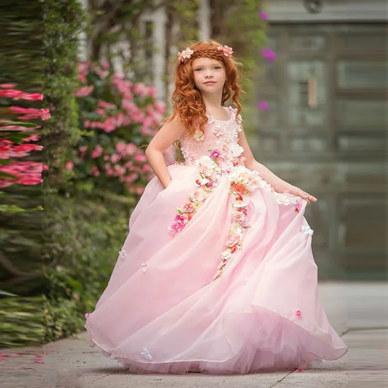 Розовые цветочные платья для девочек Свадебное бальное платье тюлевые длинные с