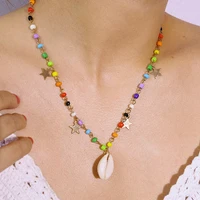 national style handmade colorful rice bead necklace shell star shaped geometric pendant necklace charm womens necklace