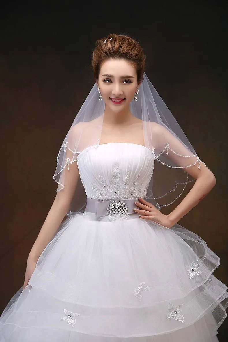 2015 White/Ivory Wedding Veil Velo Voile Mariage 1.5 M Bridal Veil Velos De Novia Wedding Vail 2015 Beaded Cheap Veil Bride