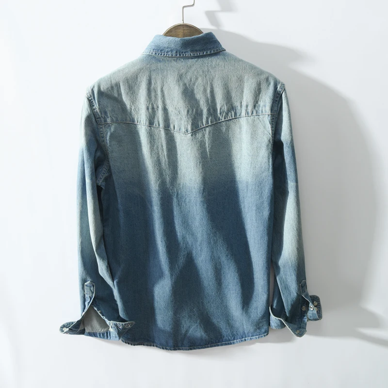 Mens Gradient Denim Shirt Men Light Blue Man Cotton Double Pocket Dress Slim Fit Long Sleeve Blouse II50CS | Мужская одежда