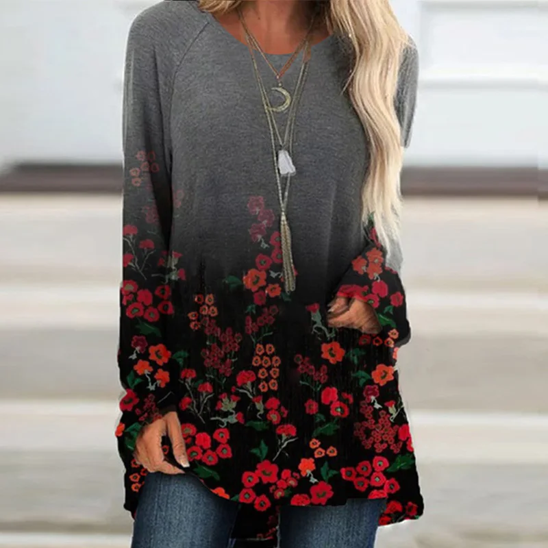 

Fashion Woman Tshirts O-neck Patchwork Tops Long Sleeves Shirt Flower Print T Shirts Loose Tee Valentine's Day