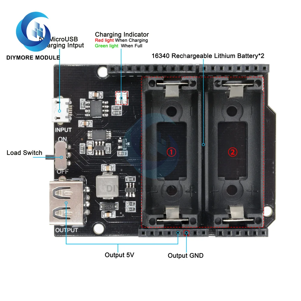 Двойной модуль зарядного устройства для литиевых батарей 16340 USB-порт