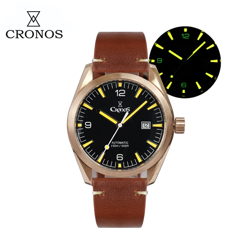 

Мужские часы Cronos, бронзовые автоматические часы CuSn8 SW200 с сапфировым стеклом, кожаным и резиновым ремешком, стерильные, по индивидуальному з...
