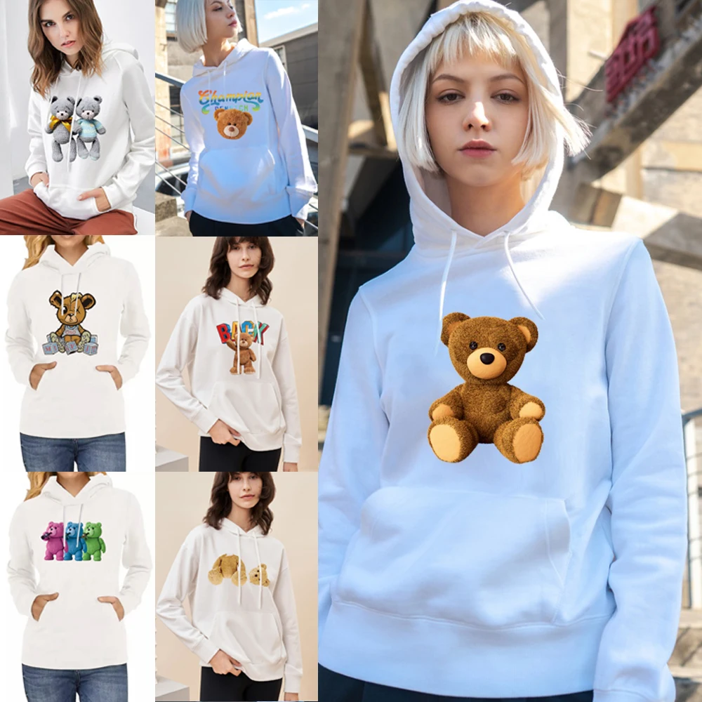 

Women Streetwear Hoodies Bear Print Harajuku Cartoons Crewneck Clothes Vintage Loose Sweatshirt Street Pullover Hoody Womens