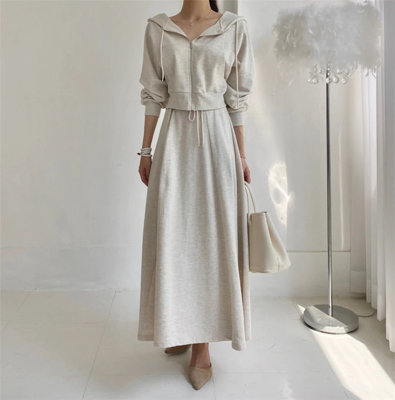 

Pockets Oversize Korean Lady Suits New Autumn Winter Women Sets Two Pieces Zip Up Hoodies And Long Skirts