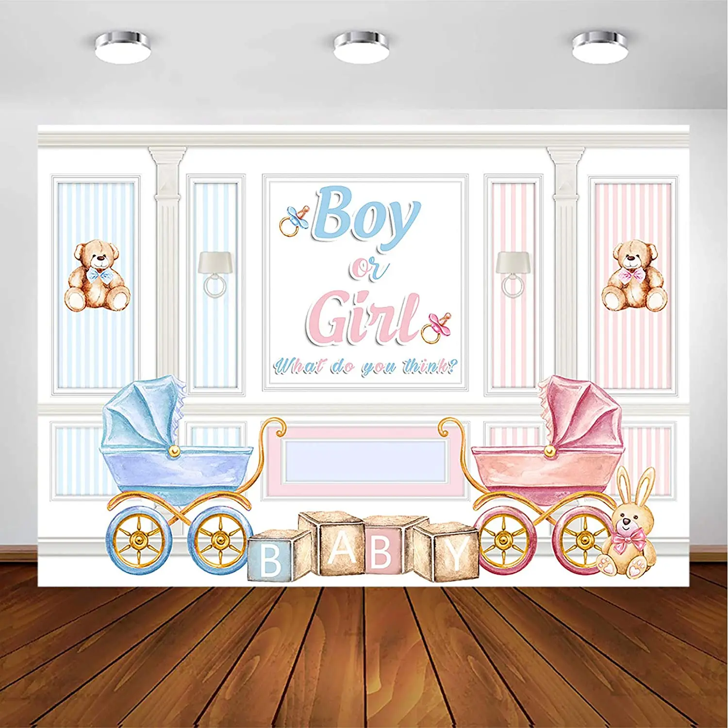 Baby Carriage Gender Reveal Backdrop Bear He or She Boy or Girl Party Decorations Background Pink or Blue Baby Carriage Banner enlarge