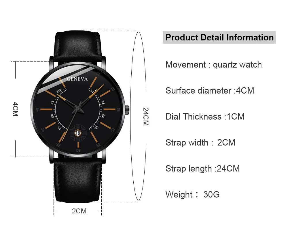 

Leather Band Geneva Brand Watch Date Display Fashion Casual 40mm Quartz Watches Men Clock Gift horloges mannen relojes hombre