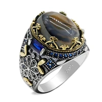 925 sterling silver turkish classic vintage brass jewelry rings with gemstone natural agate stone for men women birthday gift
