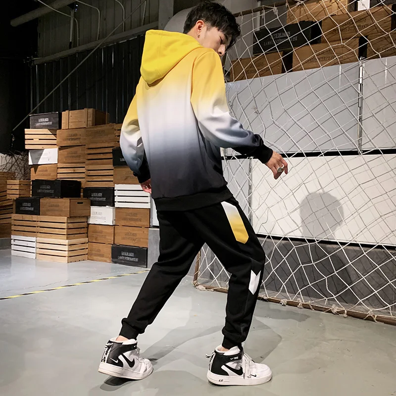 

Hip Hop 2 Pieces Set Mens Tracksuit Casual Hooded Sportswear Suits Loose 2021 Streetwear Sweatshirts Men Jacket+Pants Sets