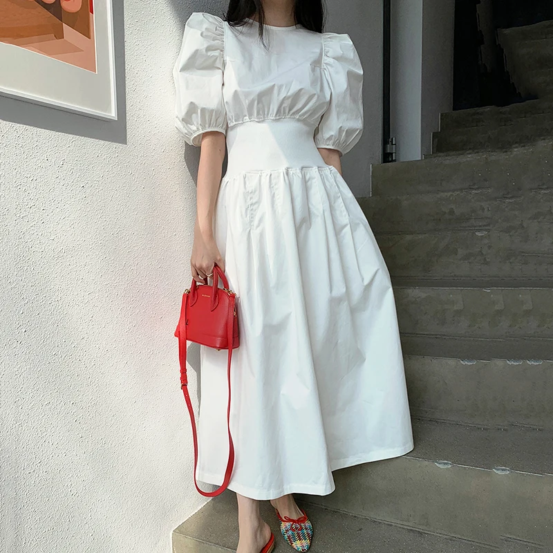 

2020 Elegant White Black Color Puff Sleeve Slim High Waist Women Vintage Summer Long Dress Vestidos