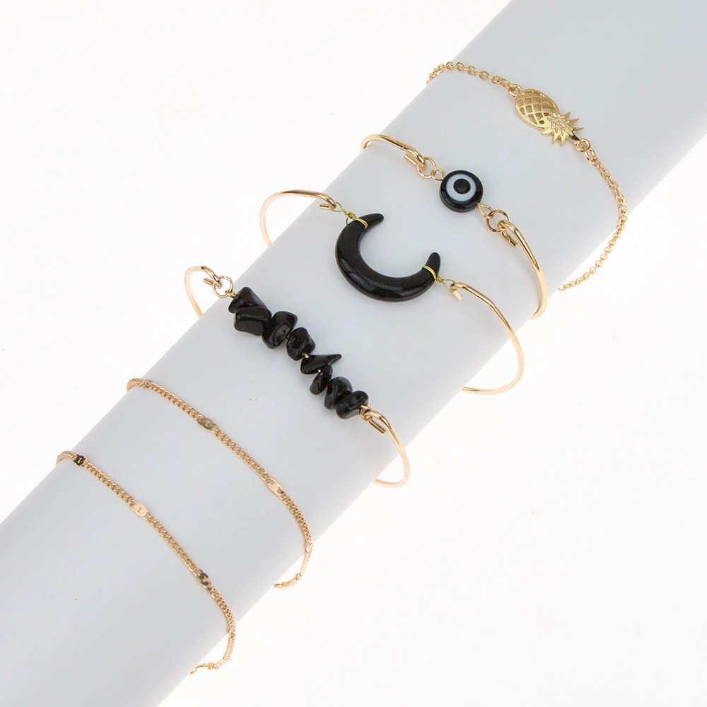 6 PCS/set Bohemian Black Beads Chain Bracelets Bangles For Women Fashion Pineapple Moon Sets Jewelry Gift | Украшения и