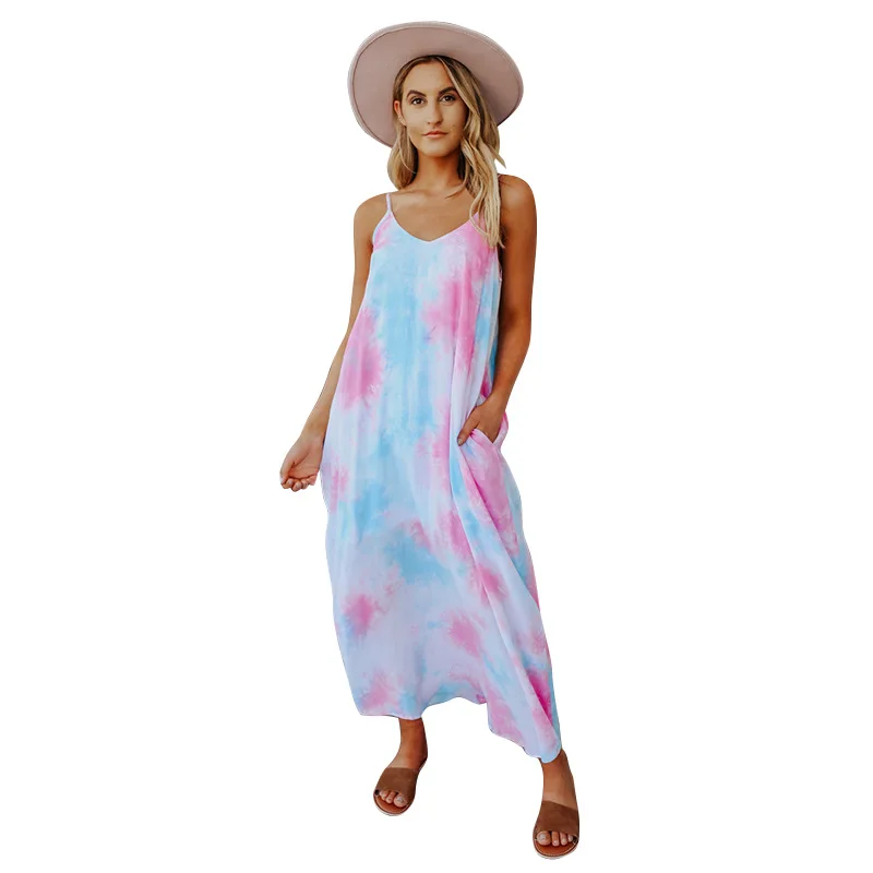 

New Colorful Beach Style Sleeveless Tie Dry Ankle Length Spaghetti Strap Sexy V Neck Women Summer Slip Dresses