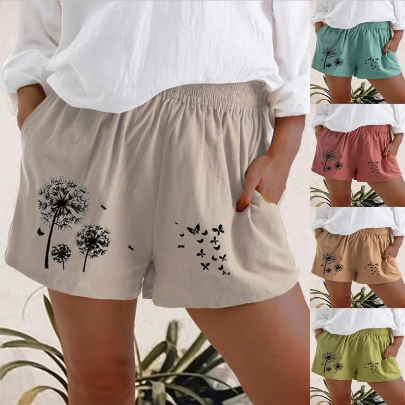 

Ladies Casual High Waist Summer Short Pants Loose Pocket Dandelion Butterfly Printed Straight Home Sports Shorts For Women