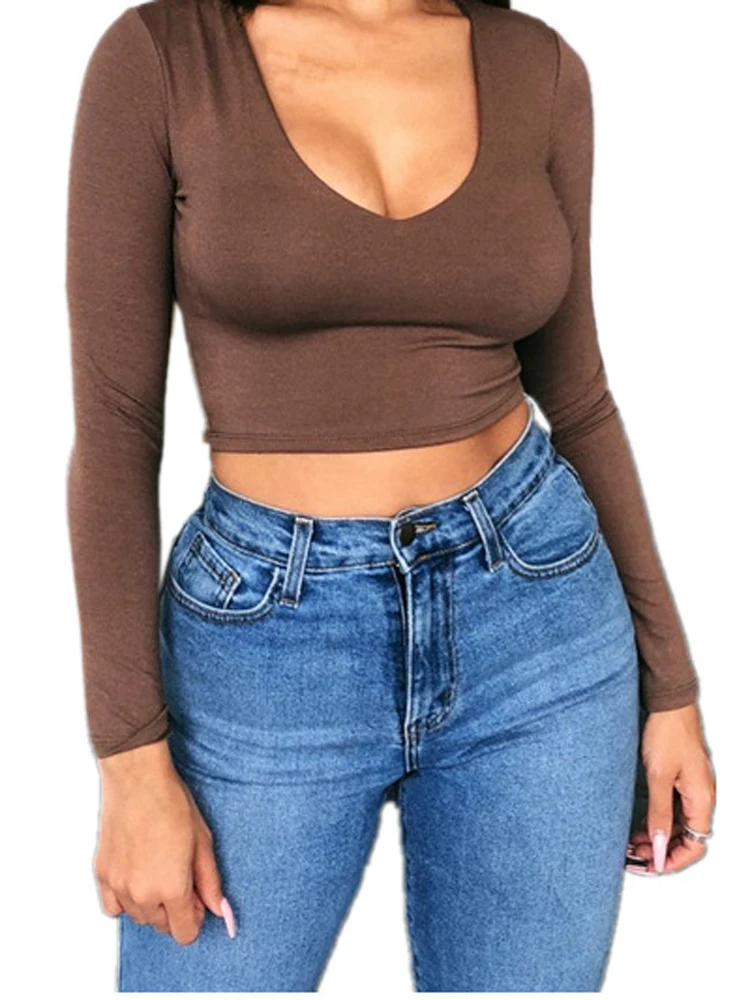 

Women Summer Sexy Deep V Neck Long Sleeve Crop Top Casual Solid Color Skinny T Shirt Ladies Pullober Slim Navel Tees Spring