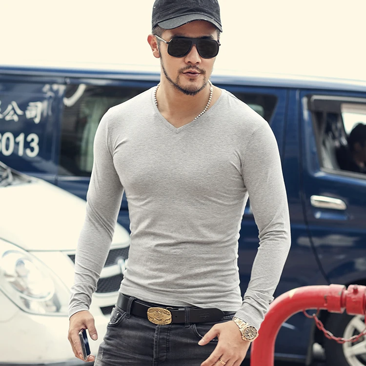 Мужская модная повседневная футболка с длинным рукавом однотонная хлопковая